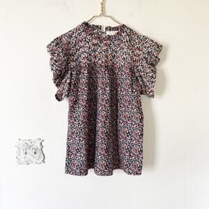 Solitaire Ruffle Neck Puff Sleeve Ditsy Floral Eyelet Embroidered Blouse L